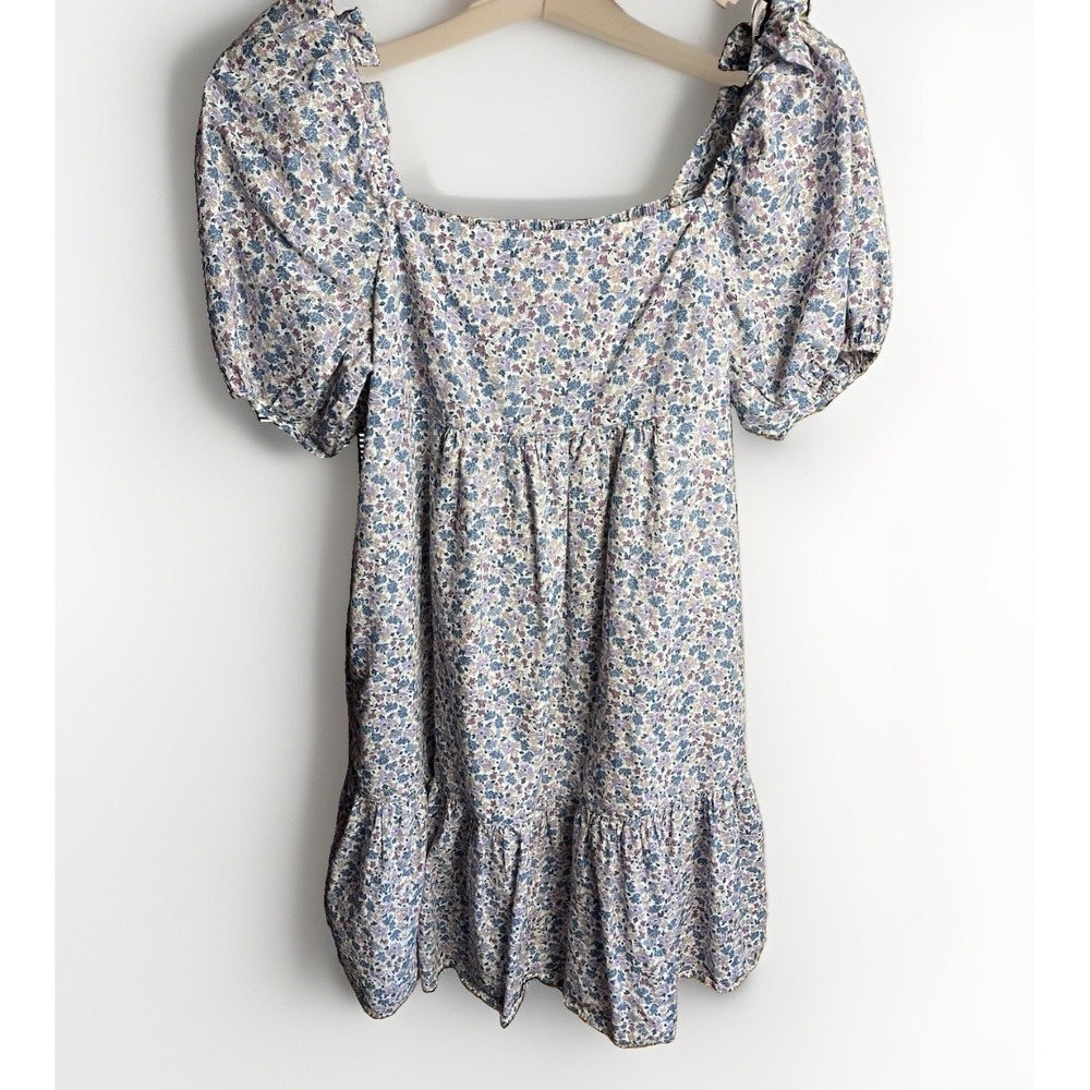 Uniqlo Floral‎ Puff Sleeve Mini Dress Square Neck Blue Purple Ditsy Print Size S